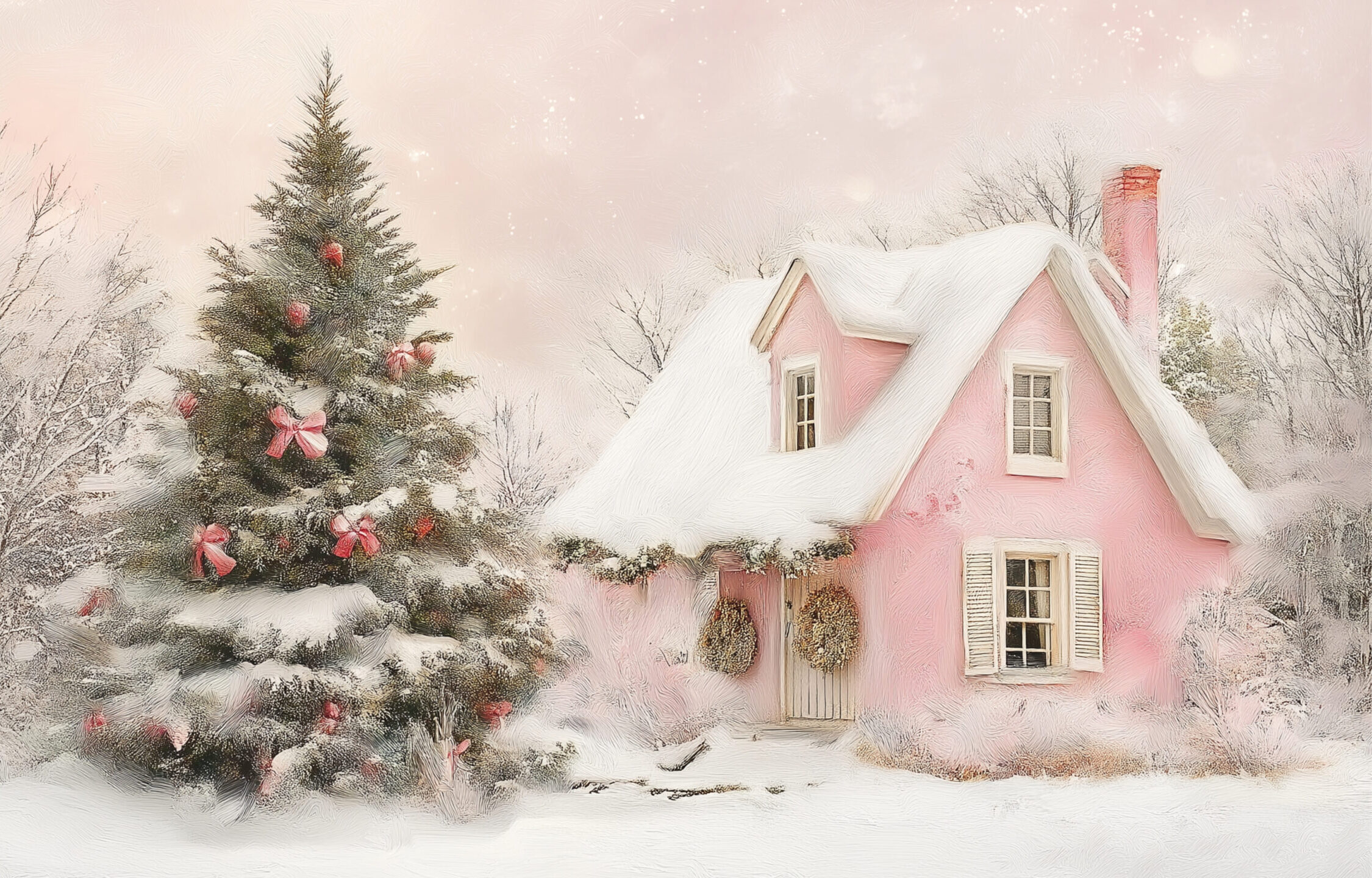 Pink Cottage in Snow